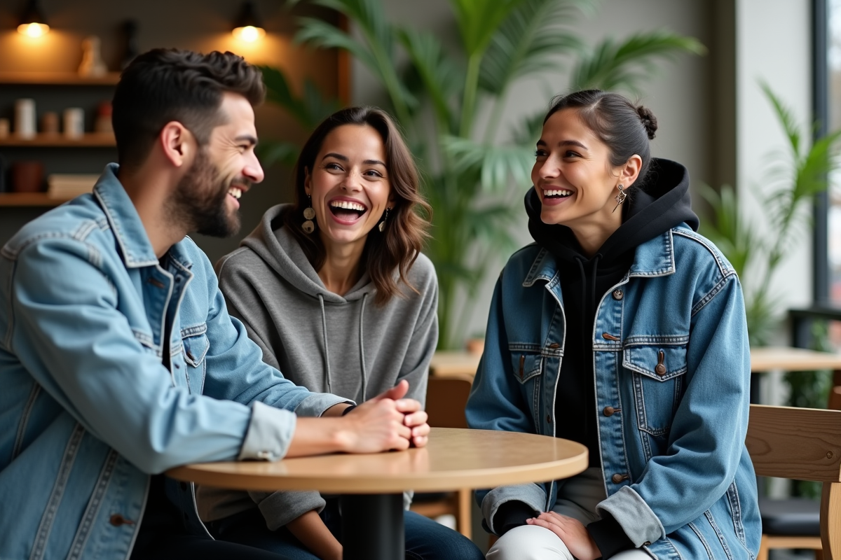 Groupe de jeunes mode écologique souriant en café intérieur