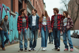 Groupe de jeunes en streetwear 90s devant un mur graffiti