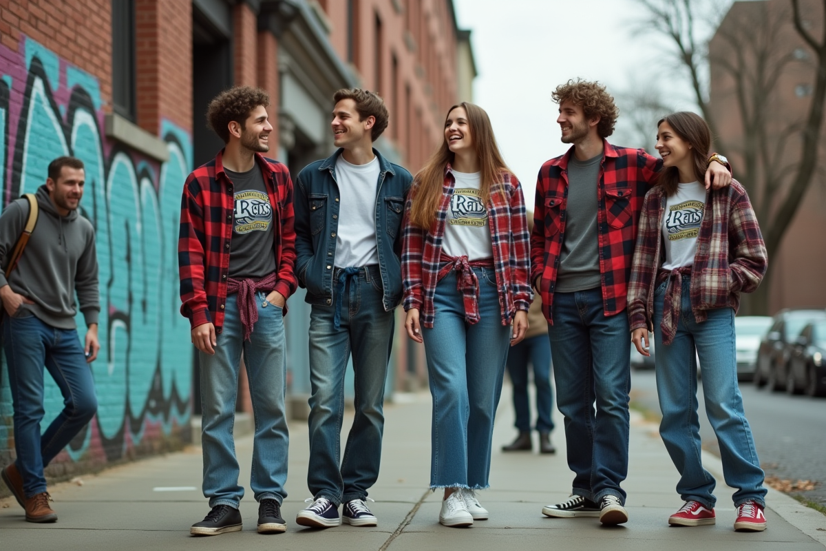 Groupe de jeunes en streetwear 90s devant un mur graffiti