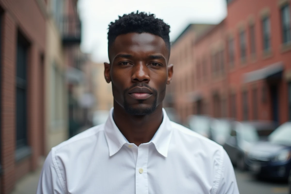 Homme afro en extérieur urbain arborant un taper fade coupe casquette impeccable sur cheveux naturels, vue trois quarts