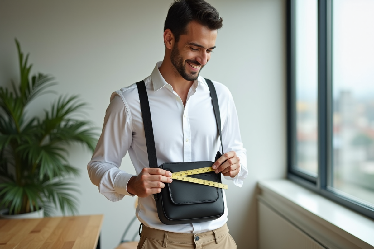 Homme dans un appartement mesurant son sac à dos