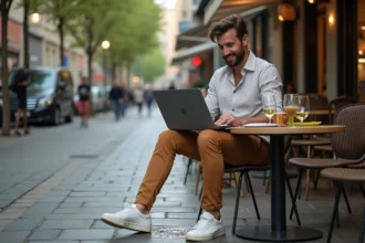 Homme élégant au café en ville avec ordinateur portable