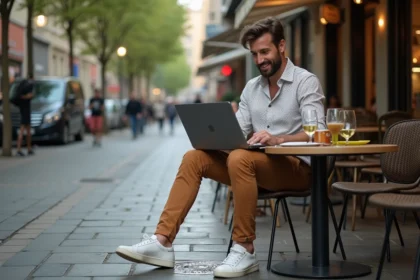 Homme élégant au café en ville avec ordinateur portable