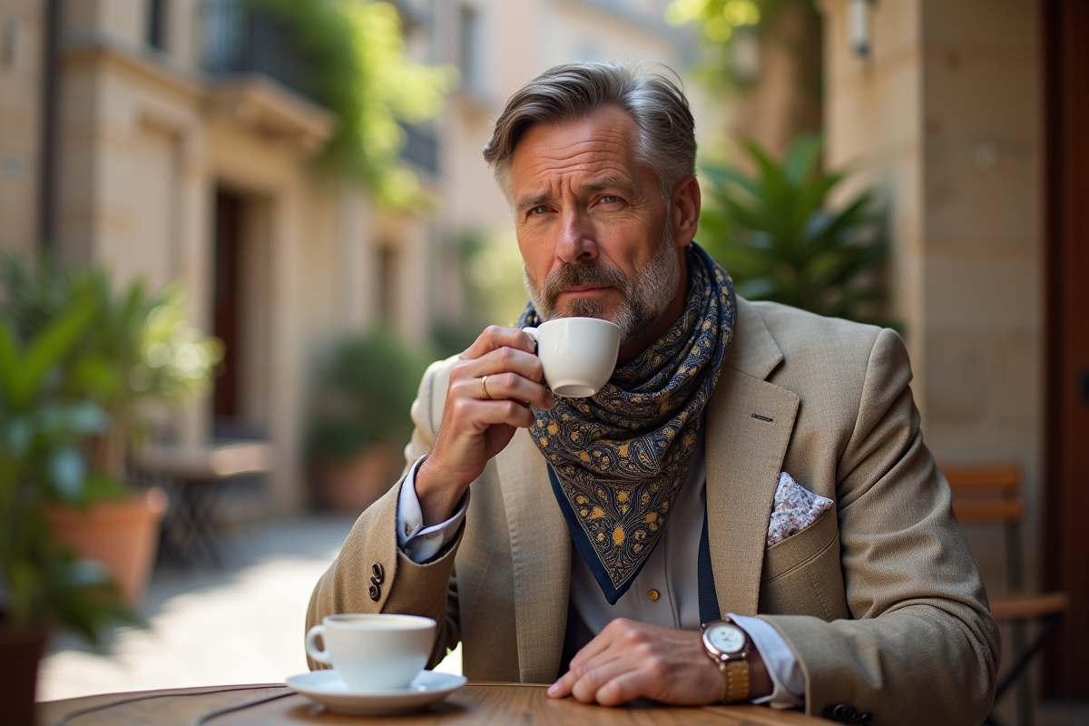Homme mature au café dans un village français ensoleille