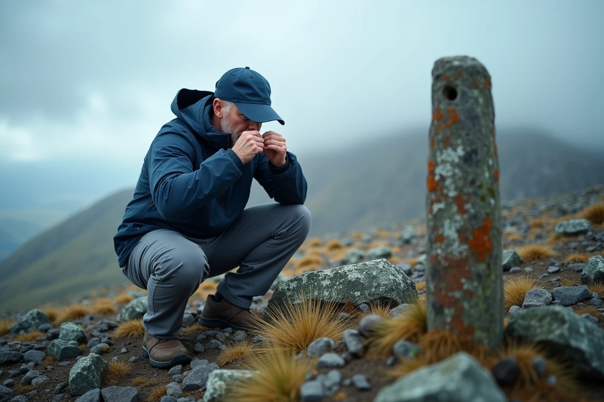 Homme en casquette bleue marine ajustant son couvre-chef près d'un cairn à haute altitude sur terrain rocheux