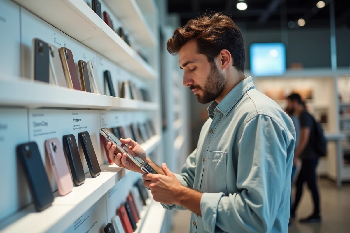 Homme inspectant une coque de téléphone transparente en silicone dans un magasin d'accessoires pour smartphones