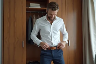 Homme en tenue décontractée ajuste sa ceinture dans sa chambre