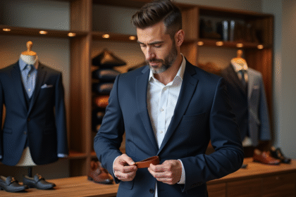 Homme en costume navy choisissant une ceinture en magasin