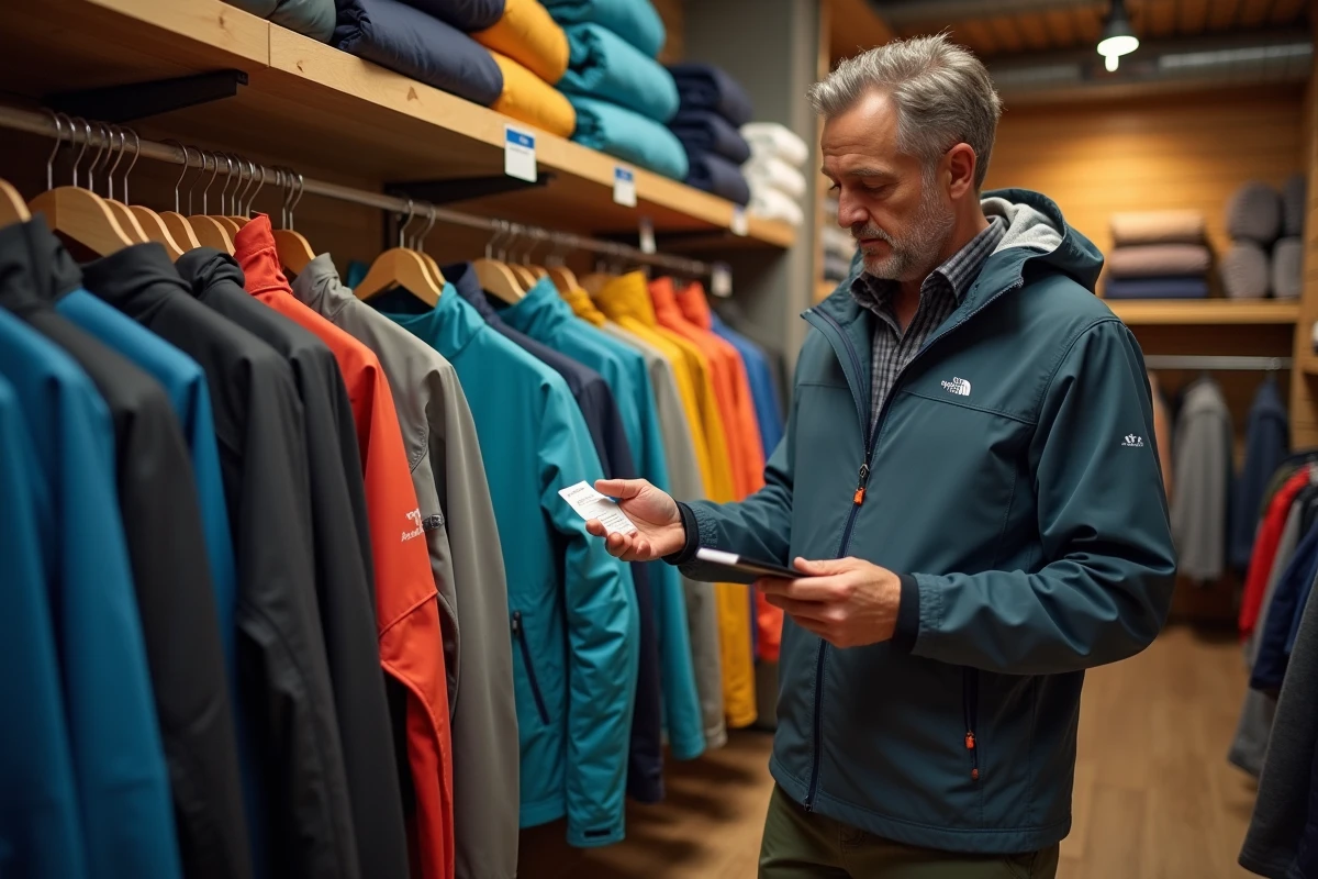 Homme comparant des marques de vêtements de montagne dans un magasin de randonnée spécialisé