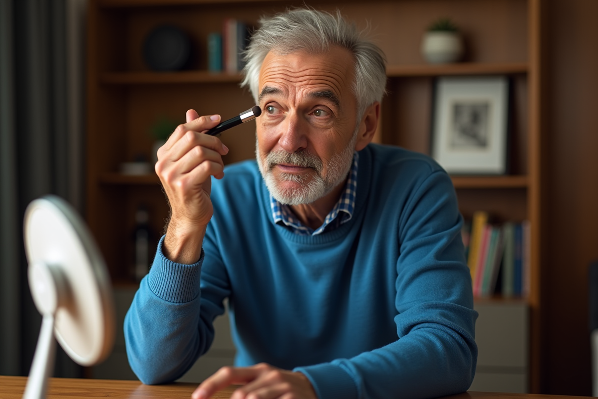 Homme de 60 ans appliquant du concealer dans sa chambre