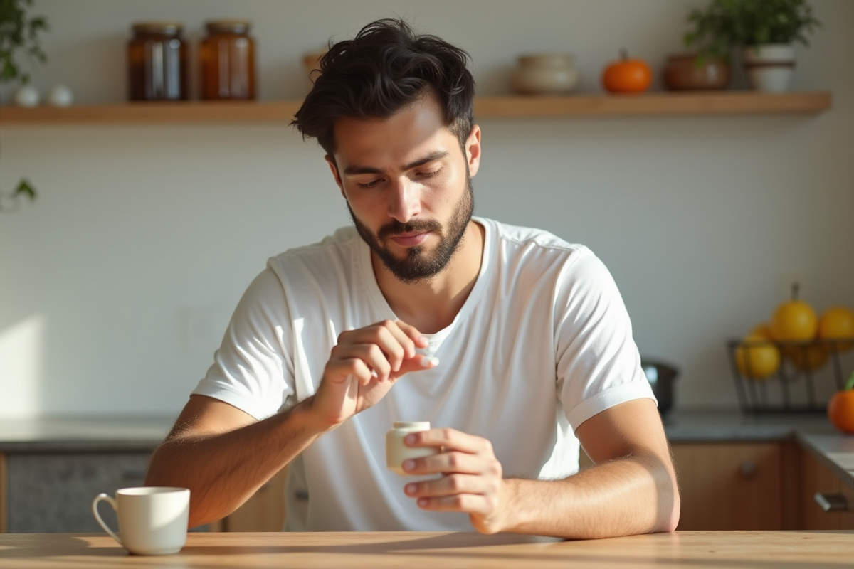 Jeune homme appliquant une creme visage dans la cuisine