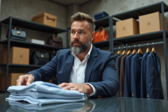 Homme d âge moyen examinant des vêtements de luxe dans un stockroom