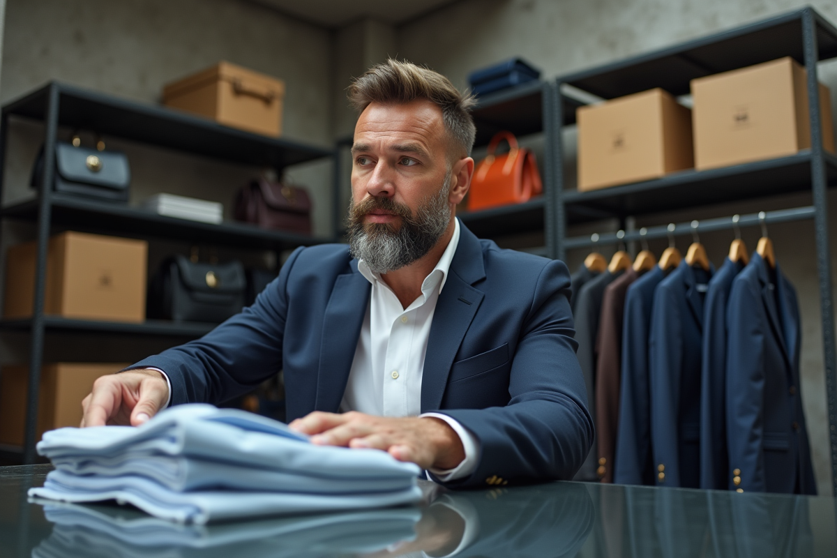 Homme d âge moyen examinant des vêtements de luxe dans un stockroom
