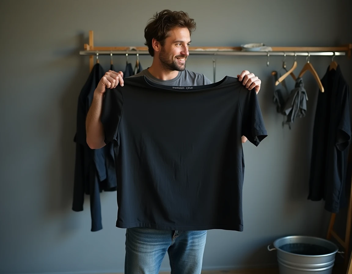 Homme inspectant une chemise en lin teinte en noir après teinture artisanale à domicile
