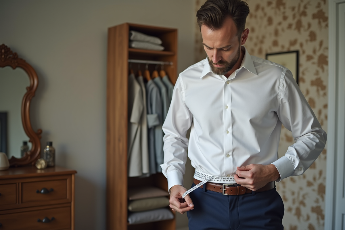 Homme mesurant sa taille avec un ruban en tissu blanc