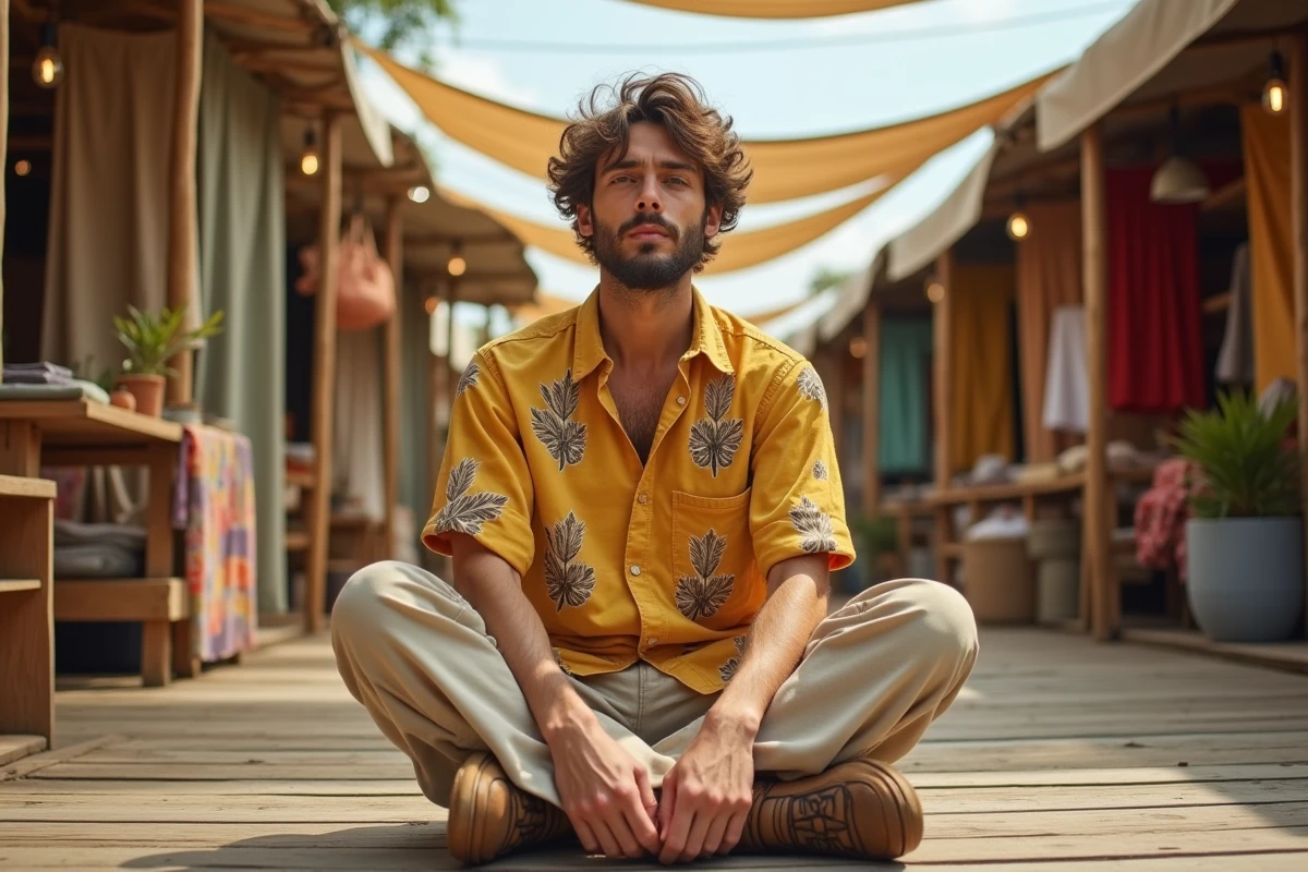 Homme en vêtements hippies en chanvre et coton bio assis dans un marché de mode éthique et durable