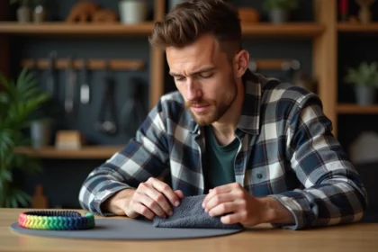 Jeune homme nettoyant un bracelet paracord coloré