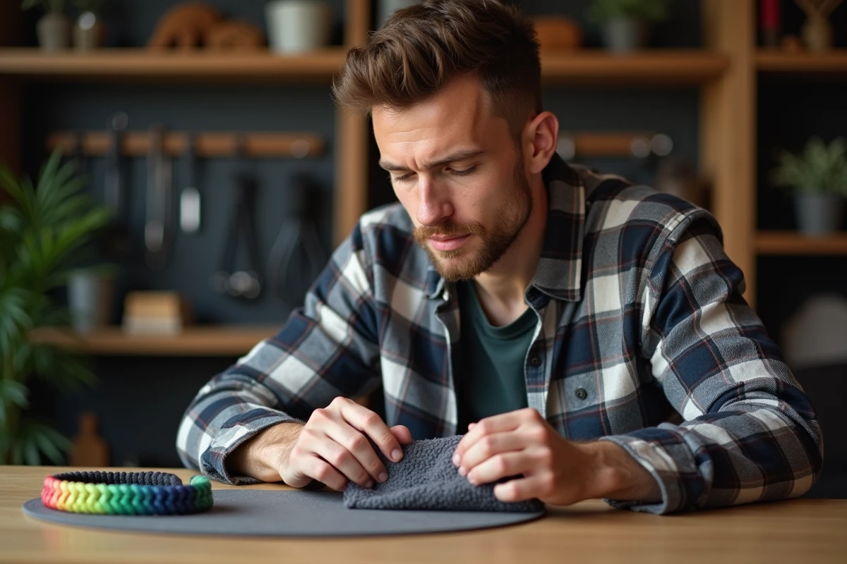 Jeune homme nettoyant un bracelet paracord coloré