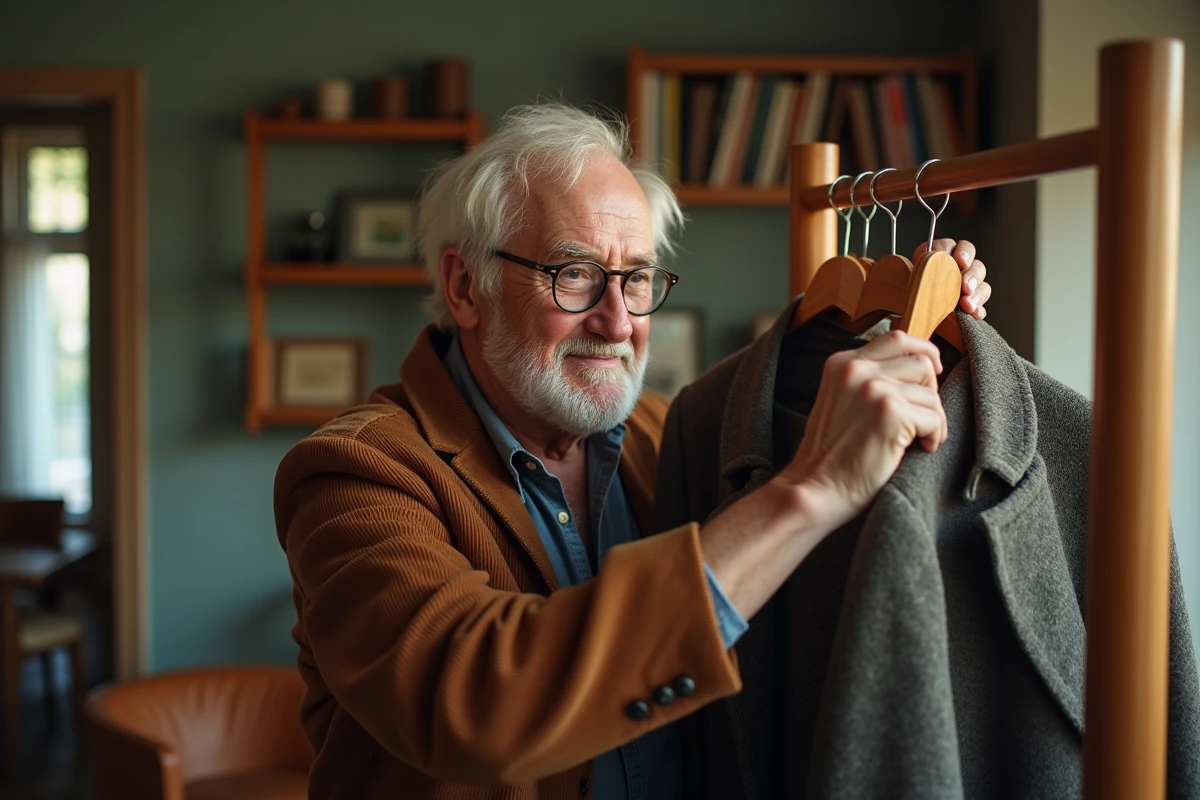 Homme âgé nettoyant un manteau en tweed avec une brosse en bois