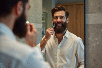 Homme barbu se rasant dans une salle de bain moderne
