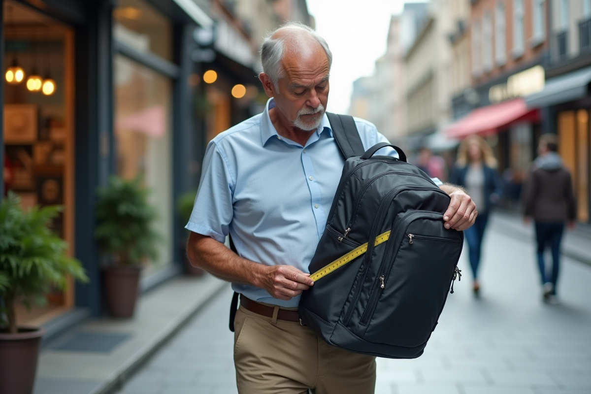 Homme vérifiant un sac à dos dans un quartier urbain
