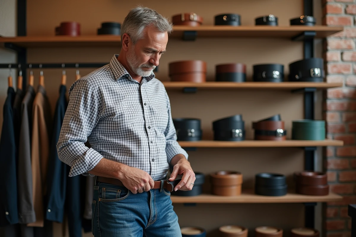 Homme d age mûr choisit une ceinture dans un magasin de vêtements