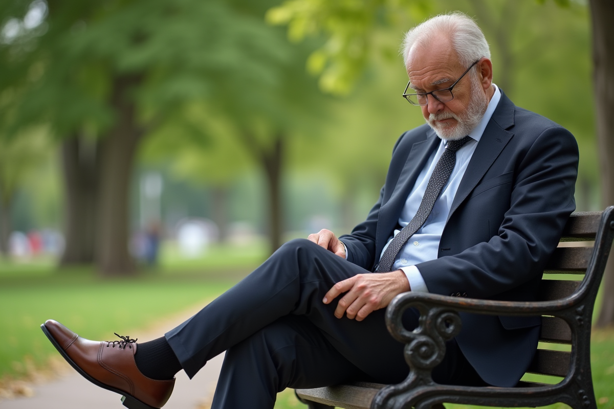 Homme âgé appliquant un gel sur son pied dans un parc