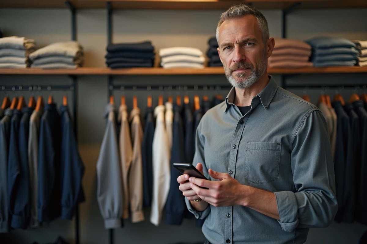 Homme vérifiant son budget habillement sur smartphone dans un magasin de vêtements grâce à Monespacehabillement