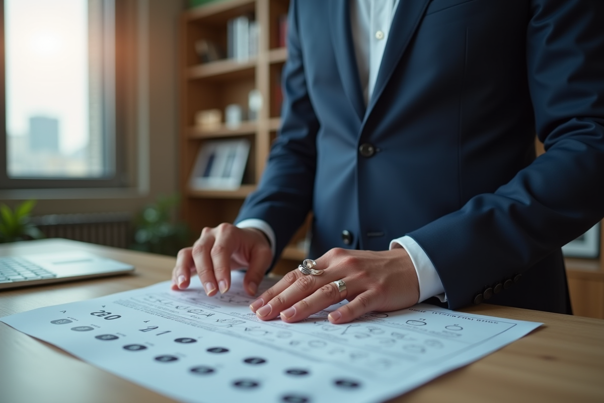 Homme en costume compare sa bague avec guide de taille