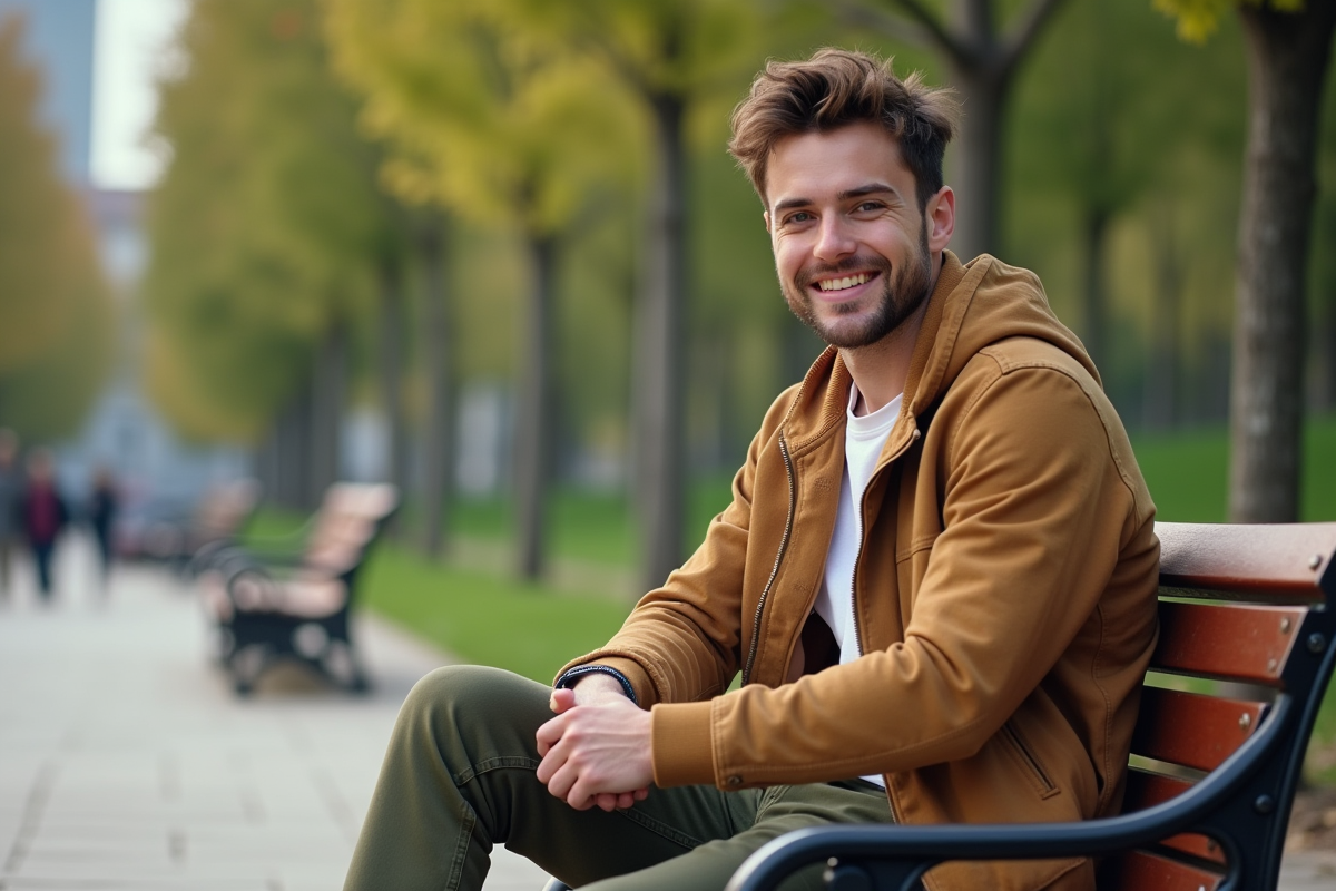 Homme souriant en vêtements organiques dans un parc urbain