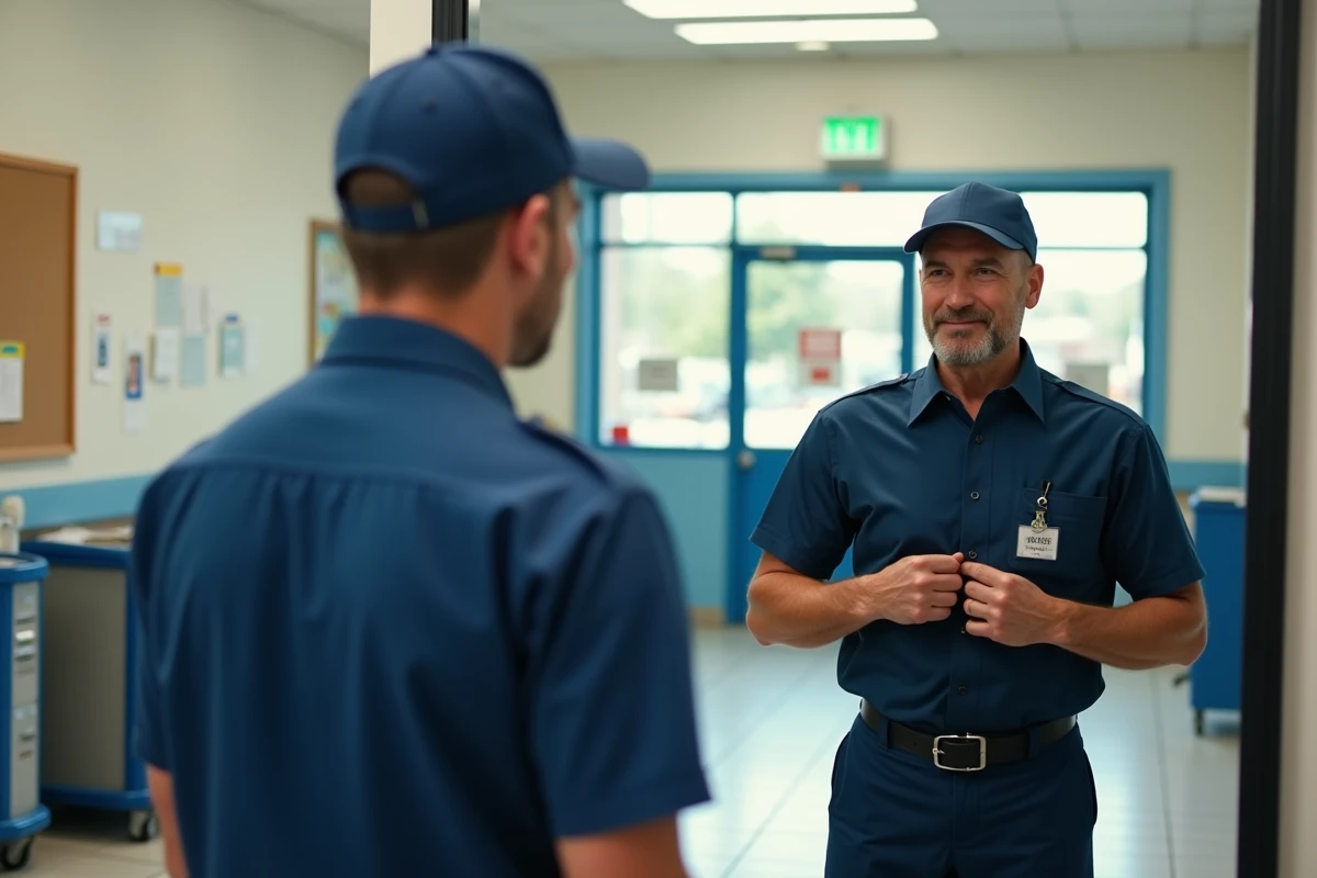 Homme ajustant son uniforme poste devant un miroir