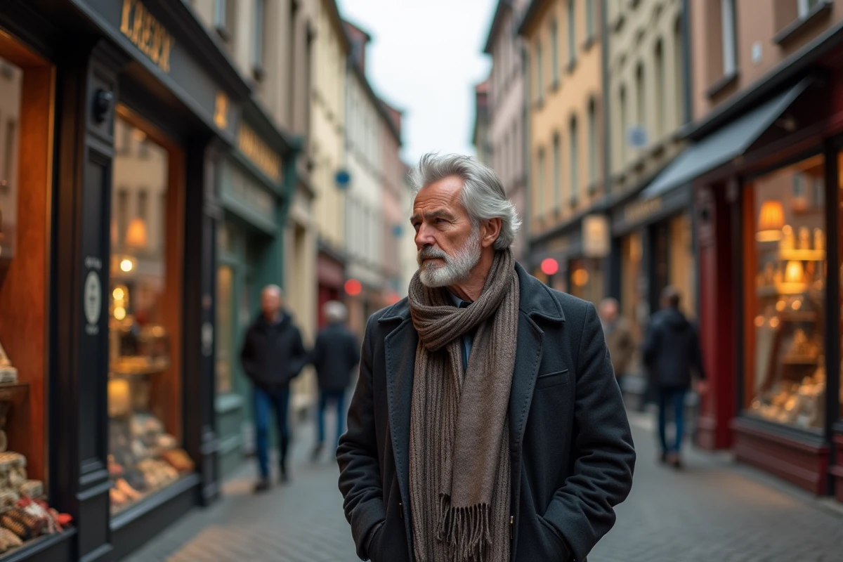 Homme marchant dans une rue historique de Strasbourg