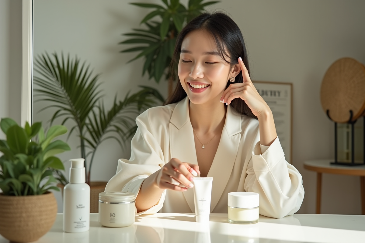 Influenceuse coréenne arrangeant des soins de luxe sur une table