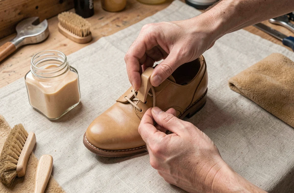 Mains d'un parent insérant délicatement une forme à chaussures en bois dans un richelieu en cuir de couleur cognac pour enfant