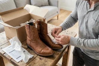 Homme inspectant des santiags en cuir à la réception d'un colis livré à domicile
