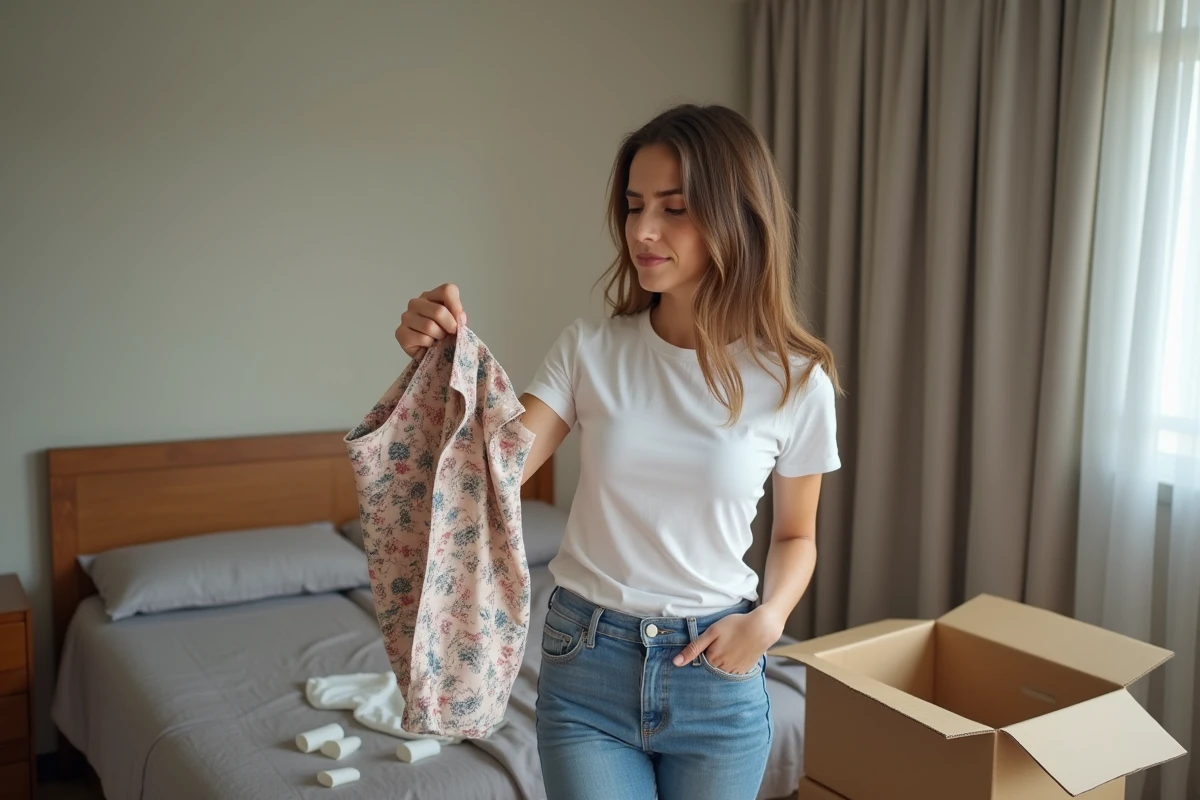 Jeune femme inspectant un vêtement Thehalara reçu par livraison avec une expression mitigée, illustrant l'écart entre les attentes et la réalité de la commande