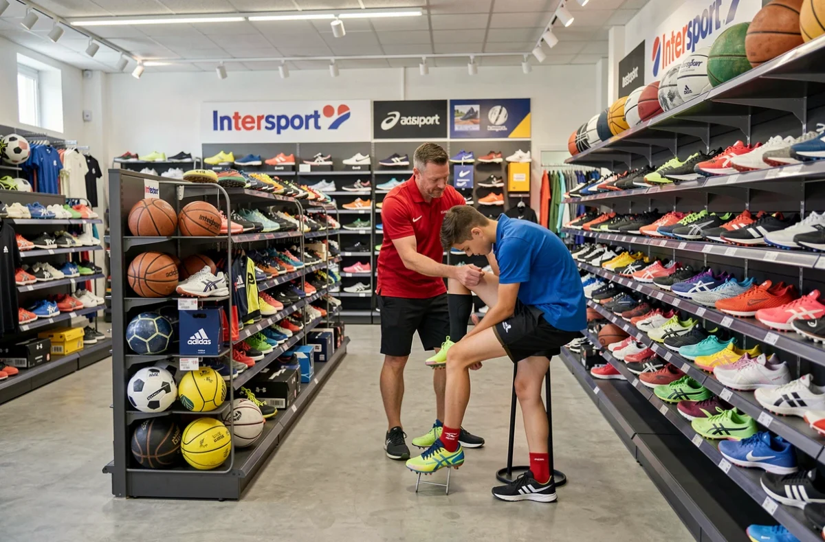 Intérieur d'un magasin Intersport à Lyon avec un vendeur aidant un jeune client à essayer des baskets de sport