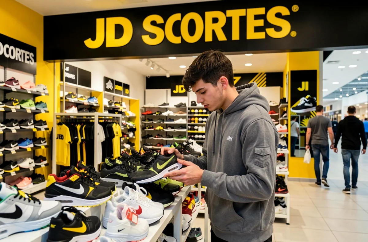 Intérieur d'un magasin JD Sports avec un jeune client examinant des baskets Nike sur fond de rayons bien garnis