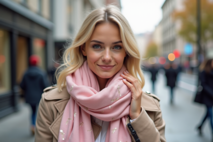 Jeune femme blonde dans la ville ajustant un foulard rose