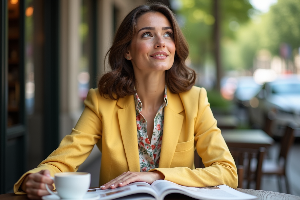 Jeune femme en tailleur jaune au café en ville