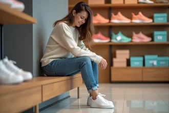 Jeune femme essayant des baskets blanches en magasin
