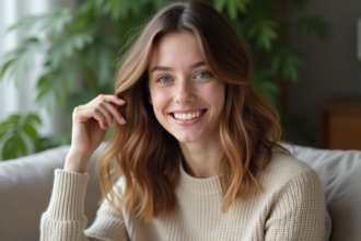 Jeune femme souriante aux cheveux ondulés en intérieur