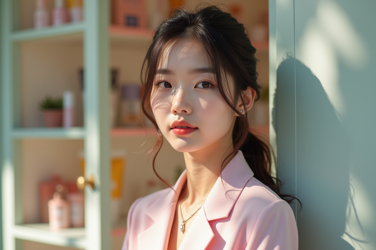 Jeune femme coréenne dans une rue de Seoul avec maquillage naturel