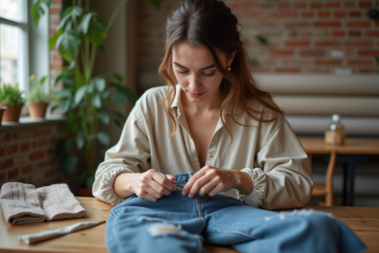 Jeune femme en coton bio répare un jean avec soin