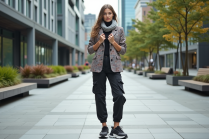 Jeune femme mode urbaine ajustant une écharpe dans une place moderne