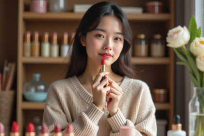 Jeune femme appliquant un rouge à lèvres rouge dans un studio cosy