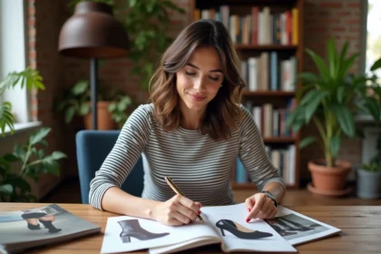 Jeune femme stylée écrivant dans un carnet avec catalogues de chaussures