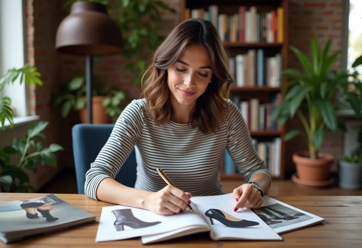 Jeune femme stylée écrivant dans un carnet avec catalogues de chaussures