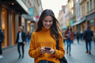 Jeune femme diverse souriante avec smartphone en ville