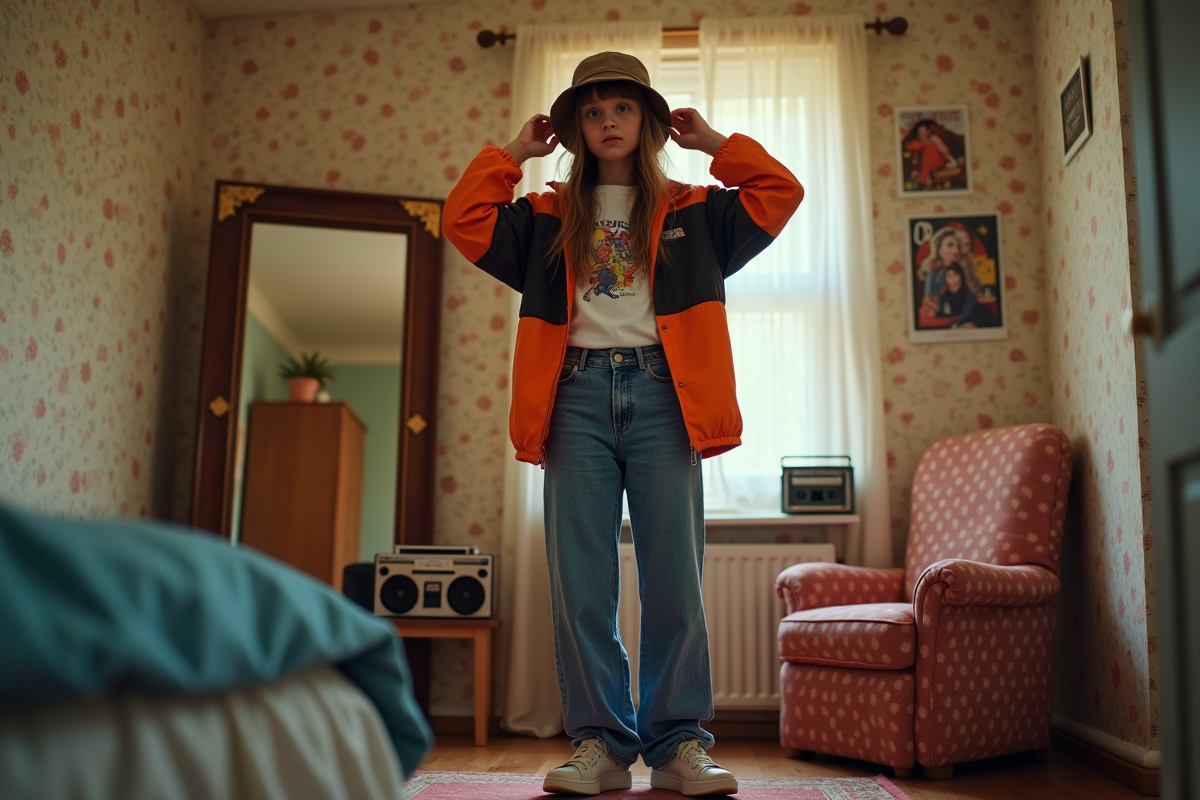 Jeune fille ajustant son chapeau dans un miroir vintage